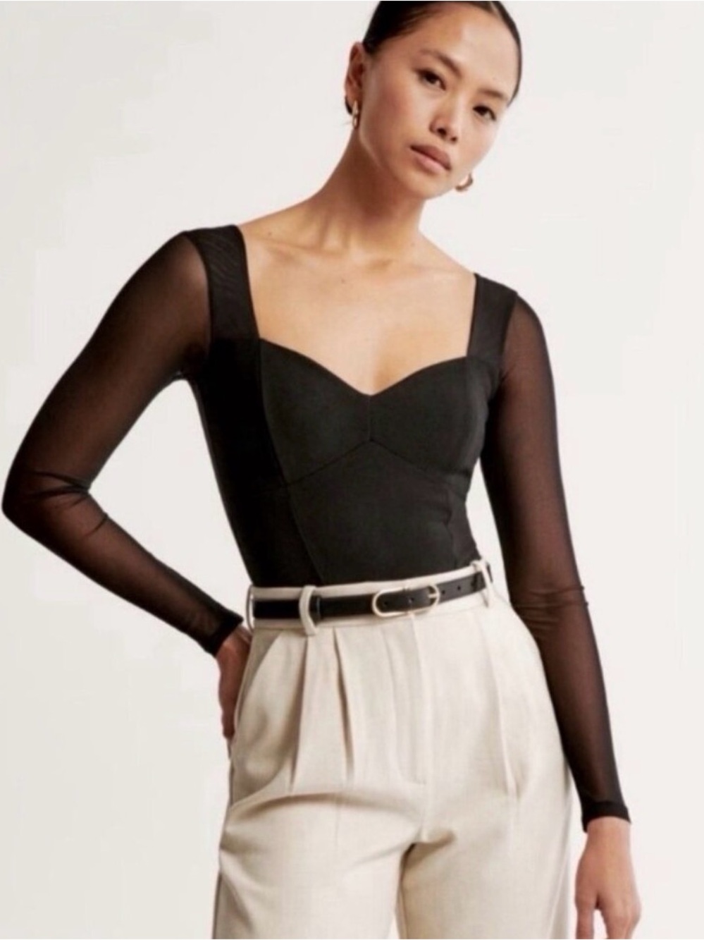 Abercrombie & Fitch Black Mesh Long Sleeve Sweetheart Neck Bodysuit Size S Going